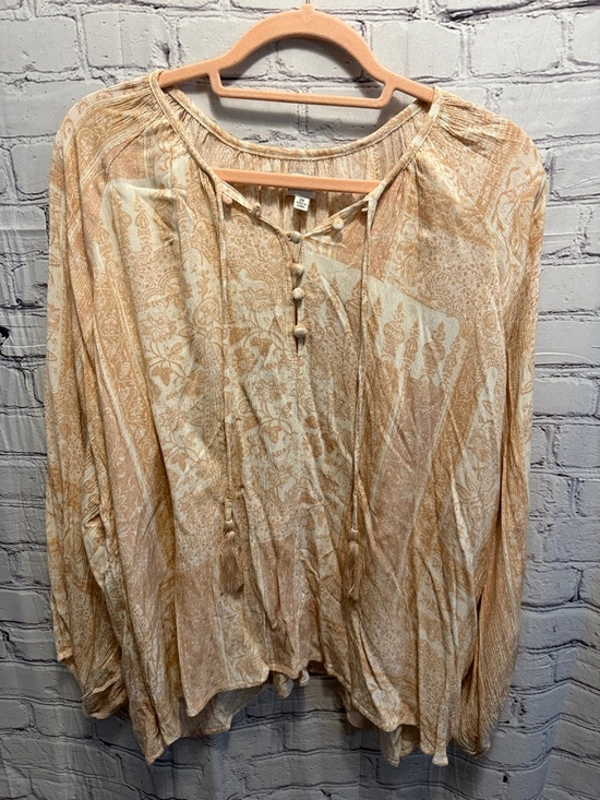 Wonderly Tops - Wonderly Cream & Tan Boho Tie-Front Peasant Blouse